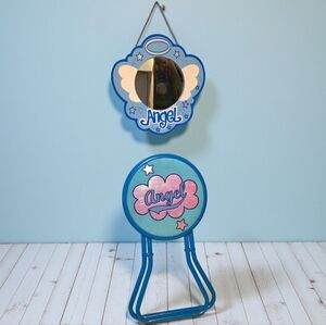Vintage Y2K Blue "Angel" Wall Mirror and Iridescent Small Folding Stool Set